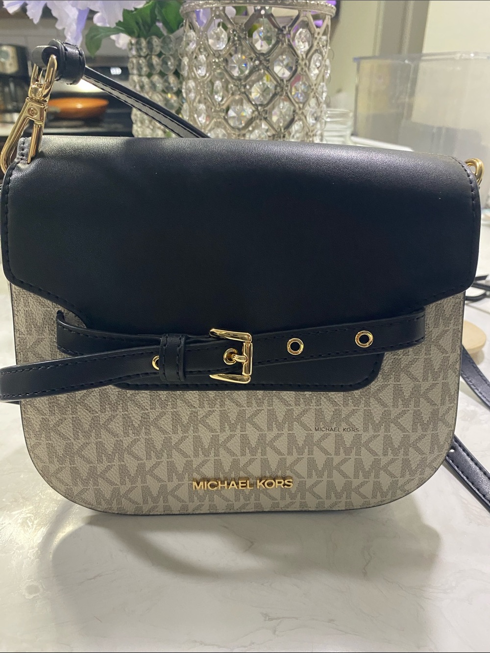 Michael Kors Black & Signature MK Logo Crossbody with Gold Hardware